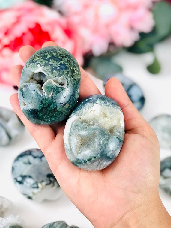 Druzy Moss Agate Palm Stone, Worry Stone, Polished Crystal