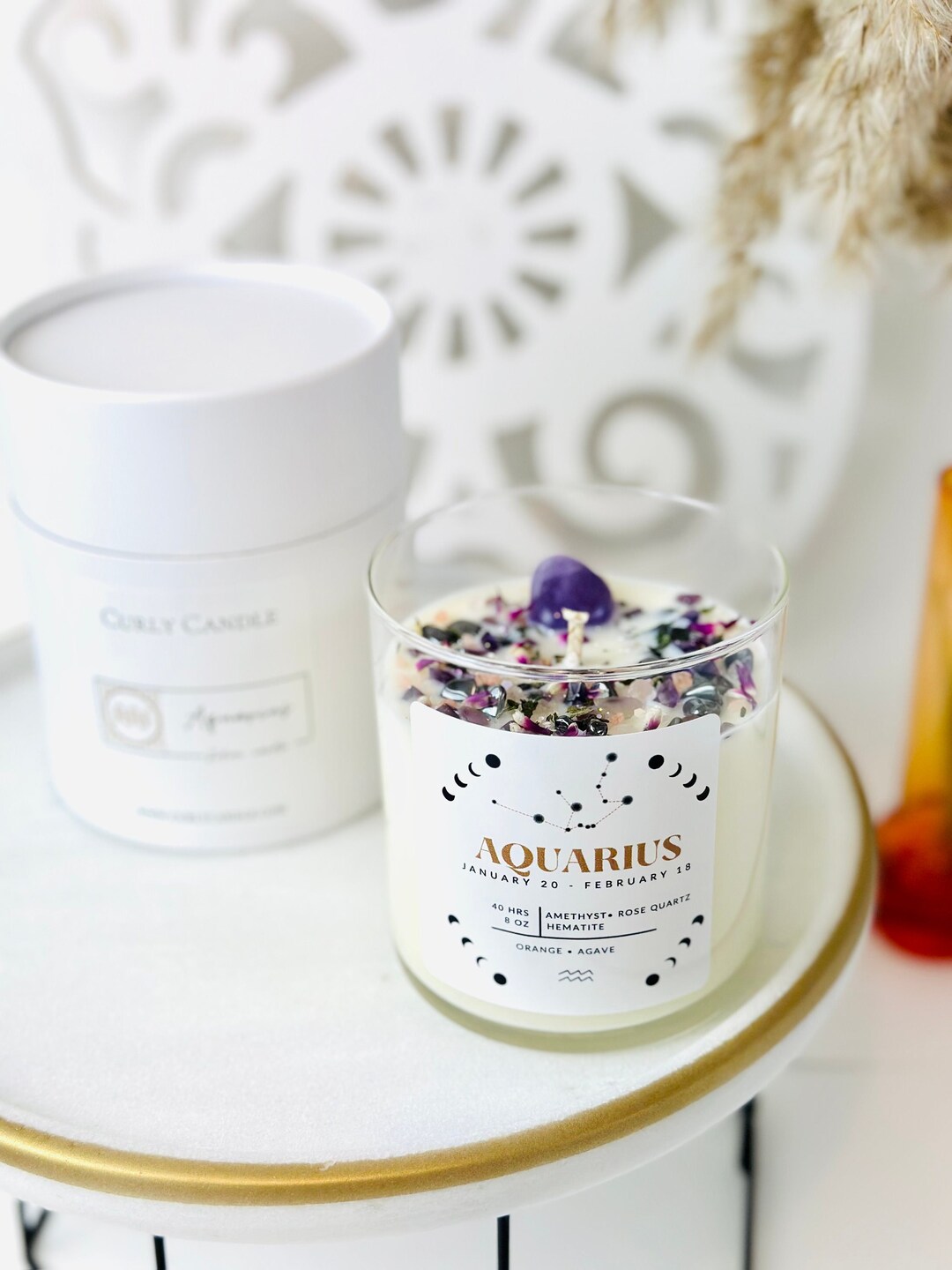 Aquarius Zodiac Crystal Candles , Intention Aesthetic Candle , Birthday