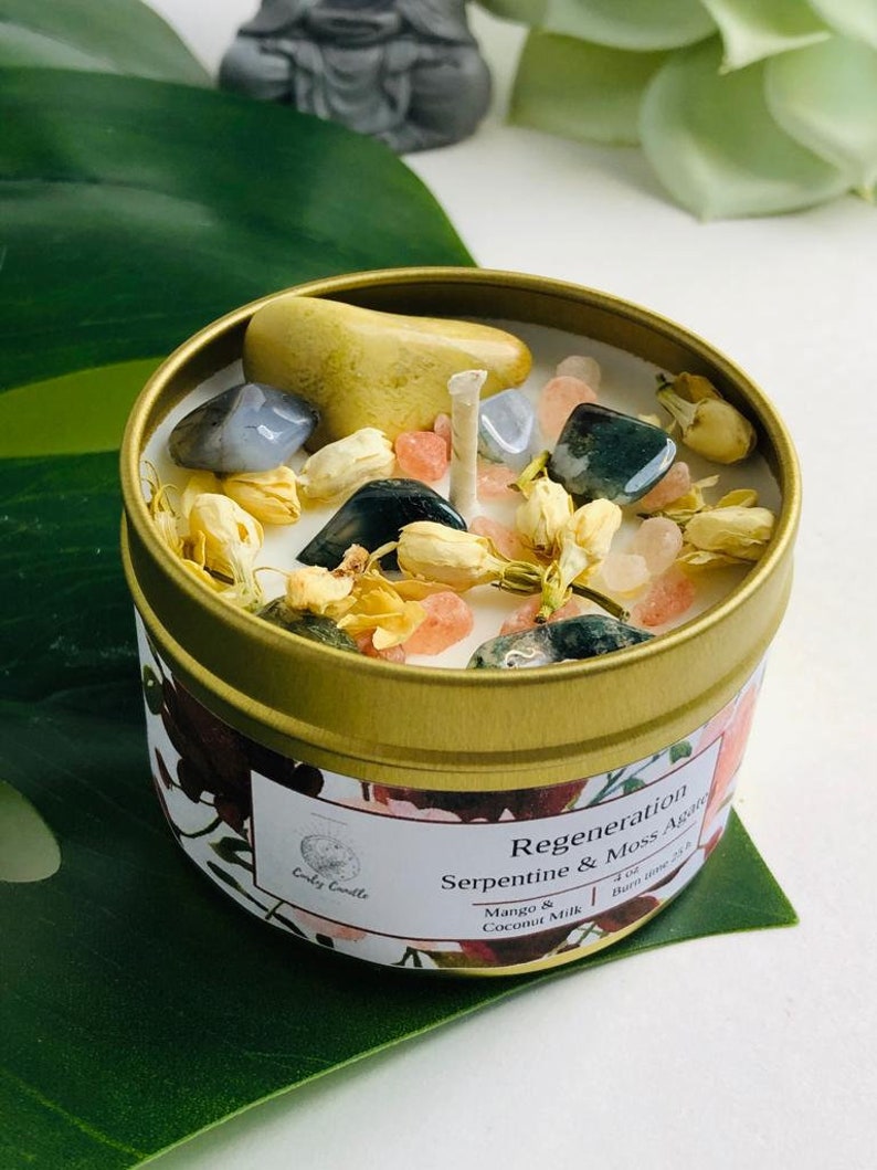 Healing crystal infused candle , REGENERATION intention candle , non-toxic scented soy candle 