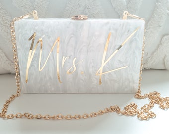 Personalised Bride Pearl Future Mrs Acrylic Clutch Box Bag Hen Honeymoon bag Wife To Be Personalised Acrylic Clutch, Custom Mrs. Clutch