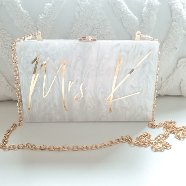 Personalised Bride Pearl Future Mrs Acrylic Clutch Box Bag Hen Honeymoon bag Wife To Be Personalised Acrylic Clutch, Custom Mrs. Clutch