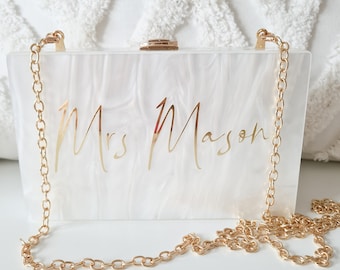 Personalised Bride Pearl Future Mrs Acrylic Clutch Box Bag Hen Honeymoon bag Wife To Be Personalised Acrylic Clutch, Custom Mrs. Clutch