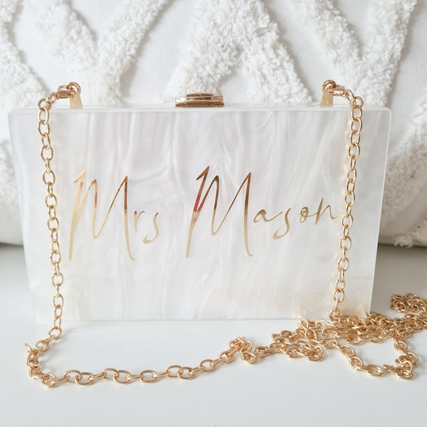 Personalised Bride Pearl Future Mrs Acrylic Clutch Box Bag Hen Honeymoon bag Wife To Be Personalised Acrylic Clutch, Custom Mrs. Clutch