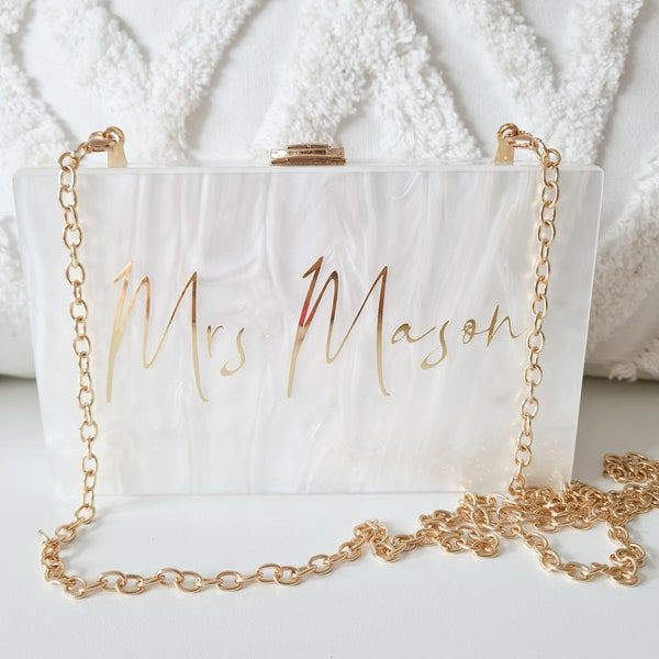 Mariée personnalisée perle future Mme acrylique embrayage boîte sac poule lune de miel sac femme à être personnalisé acrylique embrayage, personnalisé Mme embrayage