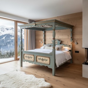 Voglauer Anno 1700 blau altblau Himmelbett Landhaus Bett Vintage retro Himmel Doppelbett Schlafzimmer shabby bedroom Massivholzbett Massiv