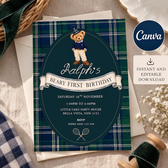 Polo Ralph Lauren, Polo Bear Preppy Ralph Beary First Birthday Invite | Digital Download | Canva Template | Editable Invitation