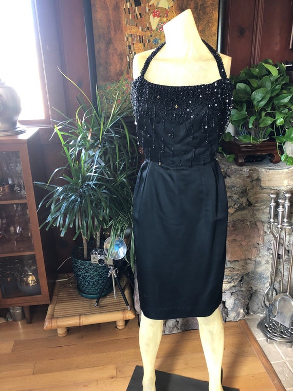 STUNNING 1950's Halter Beaded Black Dress