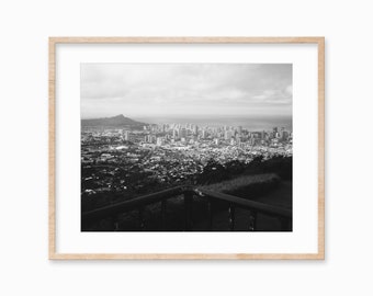 Hawaii Wall Art / City Scape Street Photography / Black and White Ocean Print / Hawaii Decor / Serene Wall Art