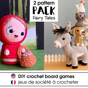 May include: Two crochet amigurumi patterns for a DIY board game. The patterns are for a little red riding hood character and a donkey with a pig and a chicken on its back. The text on the image reads "2 pattern PACK Fairy Tales DIY crochet board games jeux de société à crocheter".