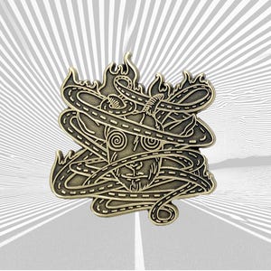 May include: A bronze-colored enamel pin featuring a stylized design of roads intertwined with flames. The pin has a detailed, intricate design with a vintage aesthetic. The background is a gradient of gray and white lines.
