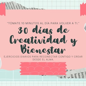 Puede incluir: Obra de arte digital con un fondo de cuadrícula azul claro, un rectángulo rosa con texto y una rosa en blanco y negro. El texto dice "30 días de Creatividad y Bienestar" y "Tómate 10 minutos al día para volver a ti."