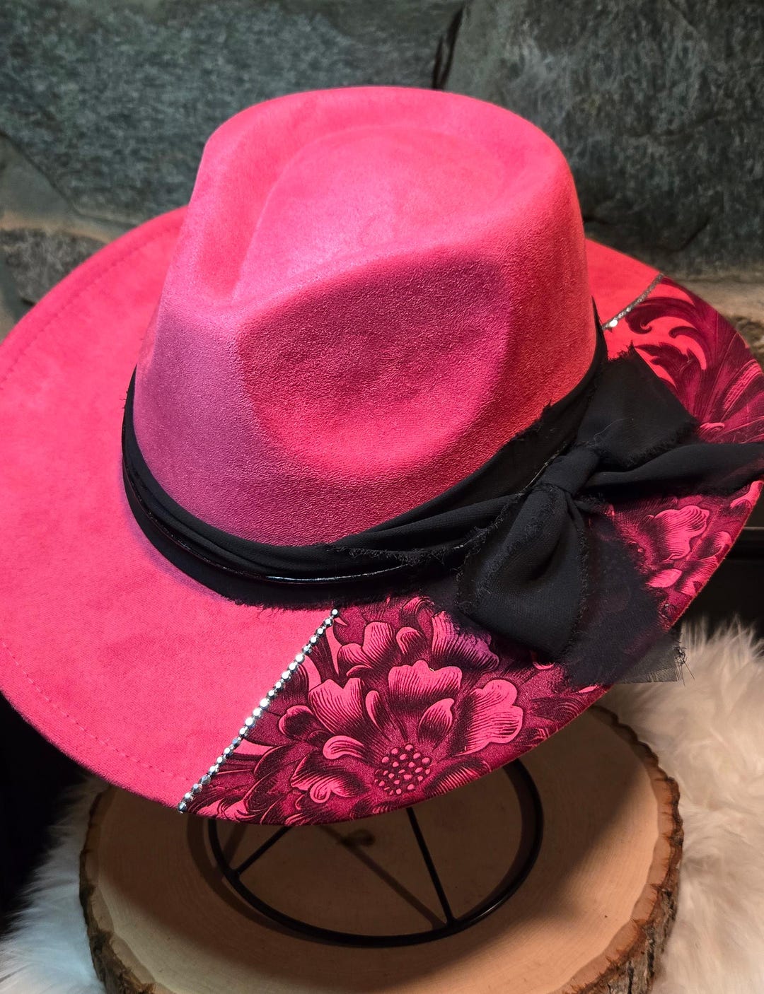 Hot Pink Vegan Suede Cowboy | Laser Burned Rhinestone Black Chiffon ...
