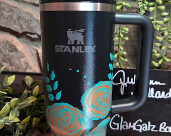 New Stanley 30oz Quencher H2.0 Black with Hand Painted Aqua and Gold Roses