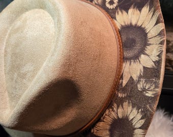 Light Brown Vegan Suede Cowboy | Laser Burned Sunflowers Simple Leather Buckle Band