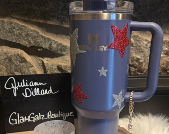 New 40oz Stanley Quencher Twilight with Hand Painted and Glittered Stars **Please Read Description**
