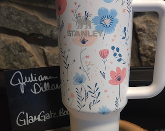 Floral Boho Stanley Tumbler, Ombre Light Blue, 40oz Stainless Steel