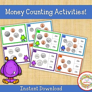 Money Counting Activities, Montessori Counting Cards, Task Cards, Clip Cards, Kindergarten Activities