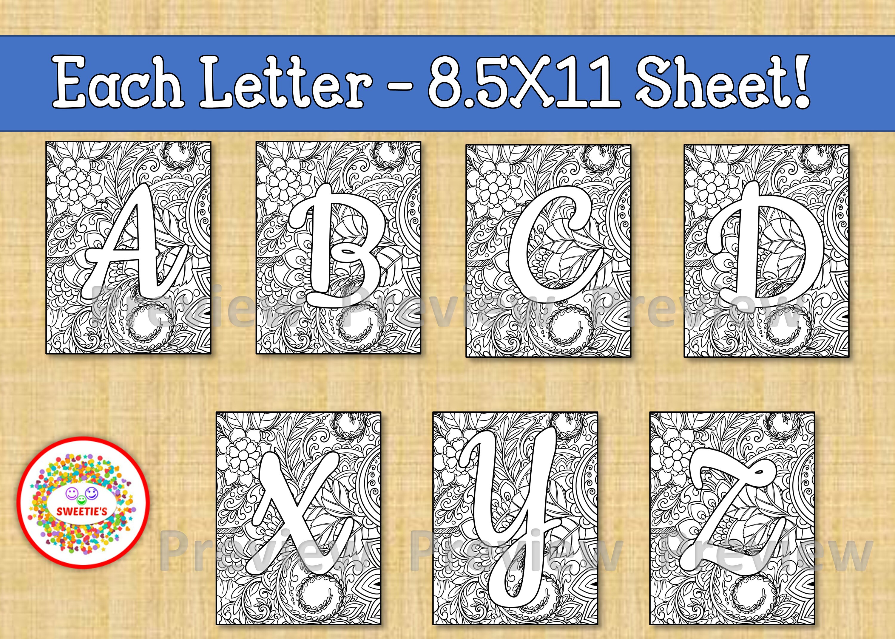 Mandala Alphabet Coloring Pages Adult Coloring A-Z Alphabet | Etsy