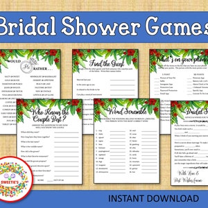 Bridal Shower Games, Bridal Party Games, Bride and Groom Games, Bachelorette Party Games, Printable, Red Hibiscus