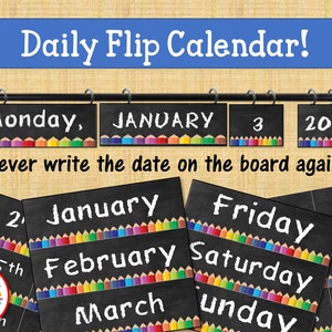 Classroom Calendar | Flip Calendar | Magnetic Curtain Rod Calendar | Chalkboard | Classroom Decor | Colored Pencils