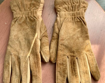 Isotoner Vintage Tan Brown Leather Winter Driving Gloves Size Womens Large