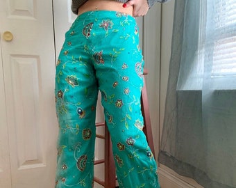 Anthropologie Muse Vintage Y2K 2000s Floral Embroidered Silk Pants Size 2