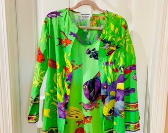 Leonard Fashion Paris Bergdorf Goodman 1970s 70s Vintage Green Fish Print Dress and Jacket Set Size Small Medium