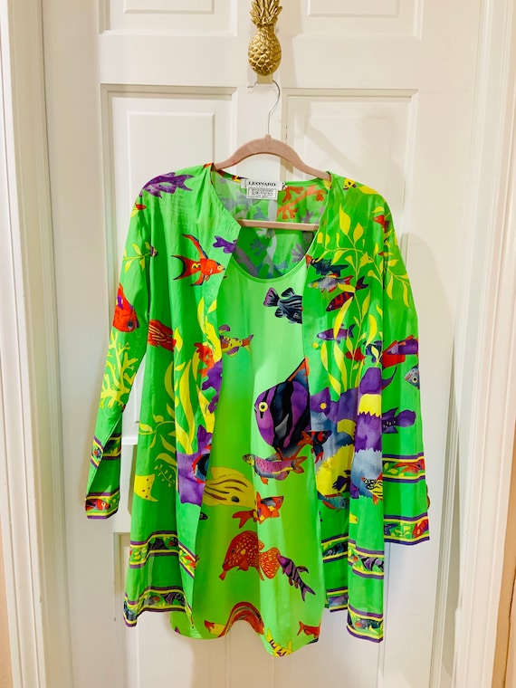 Leonard Fashion Paris Bergdorf Goodman 1970s 70s Vintage Green Fish Print Dress and Jacket Set Size Small Medium