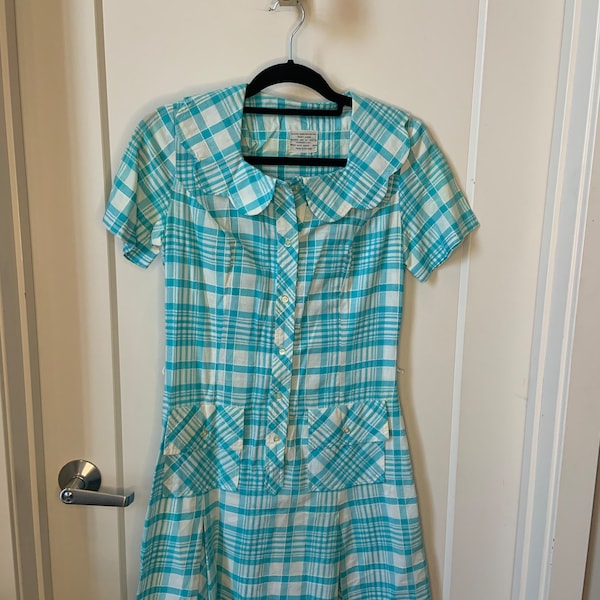 Vintage 1950s 1960s Blue and White Plaid House Dress Size XS/Small