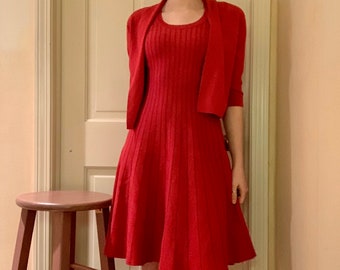 Nic and Zoe Vintage Y2K 2000s New With Tags NWT Deadstock Red Fit and Flare Sweater Dress and Cardigan Size XS