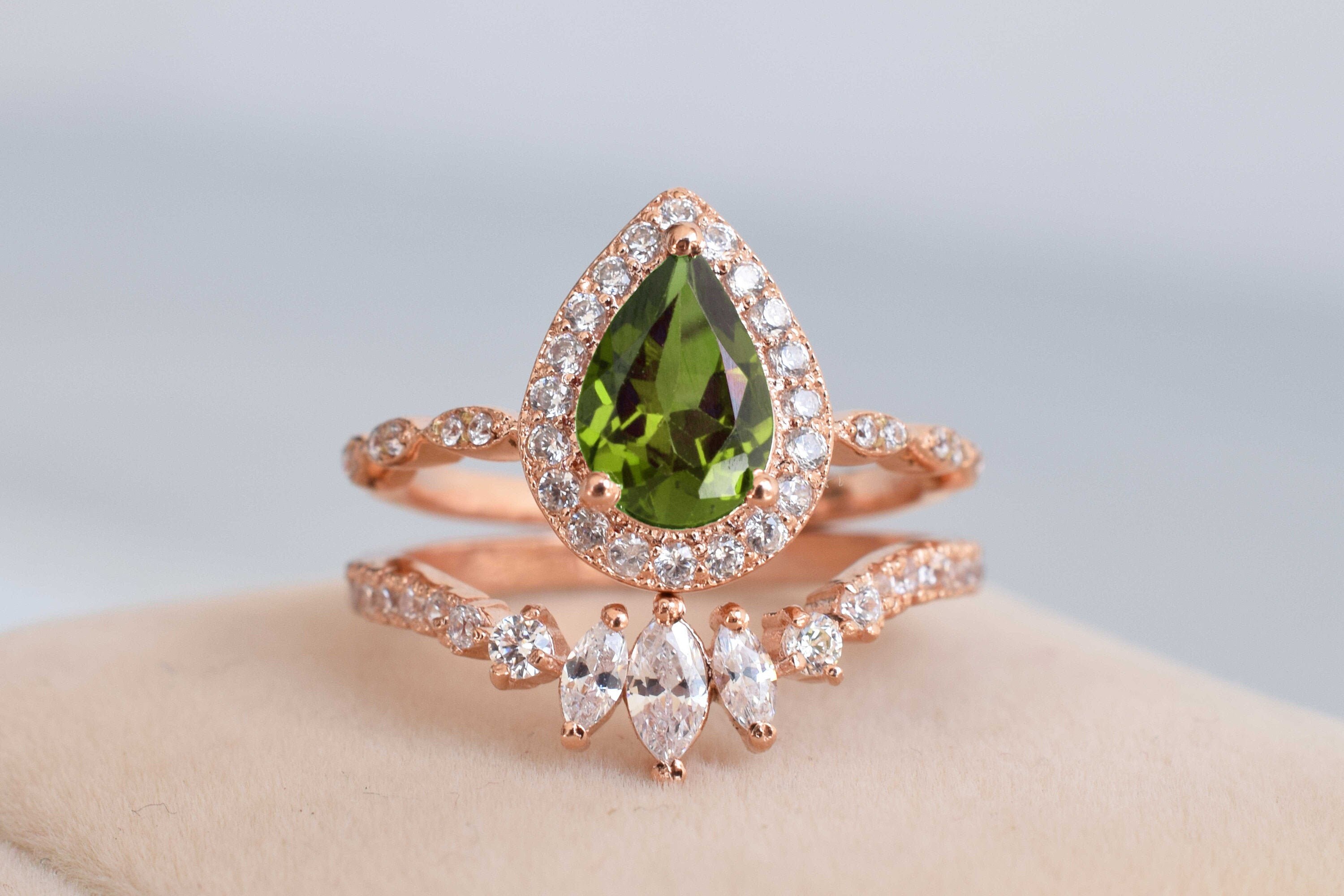 Vintage Peridot Engagement Ring Set Pear Shaped 14k Rose Gold Etsy UK
