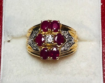 Gorgeous  Vintage 14k Yellow Gold Diamond Natural Ruby Ring: