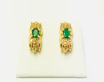 Prachtige vintage 14k geelgouden natuurlijke smaragd diamanten oorbellen