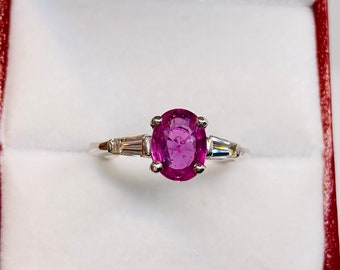 Gorgeous Platinum  Natural oval shaped pink Sapphire and  Diamond baguette  Ring