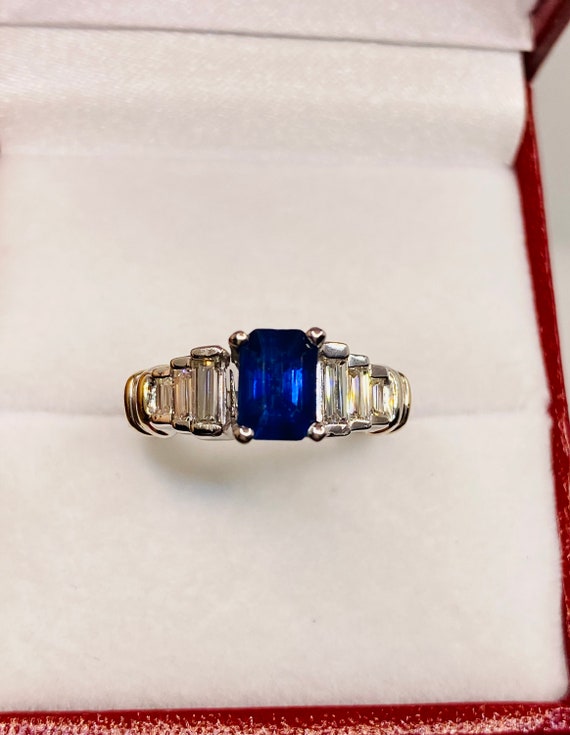 Gorgeous Vintage platinum Emerald Cut Sapphire an… - image 2