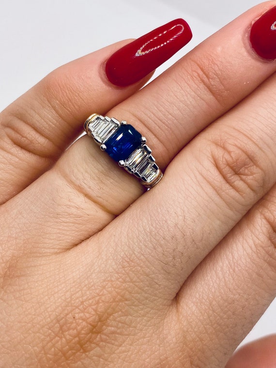 Gorgeous Vintage platinum Emerald Cut Sapphire an… - image 10