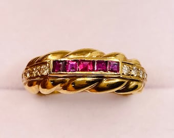 Prachtige vintage 14k geelgouden natuurlijke robijn en diamanten bandring maat 6