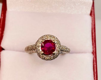Stunning Vintage 18k White Gold Natural no Heat Ruby and Diamonds Ring