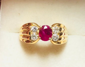 Prachtige vintage 14k geelgouden natuurlijke robijnrode diamanten ring