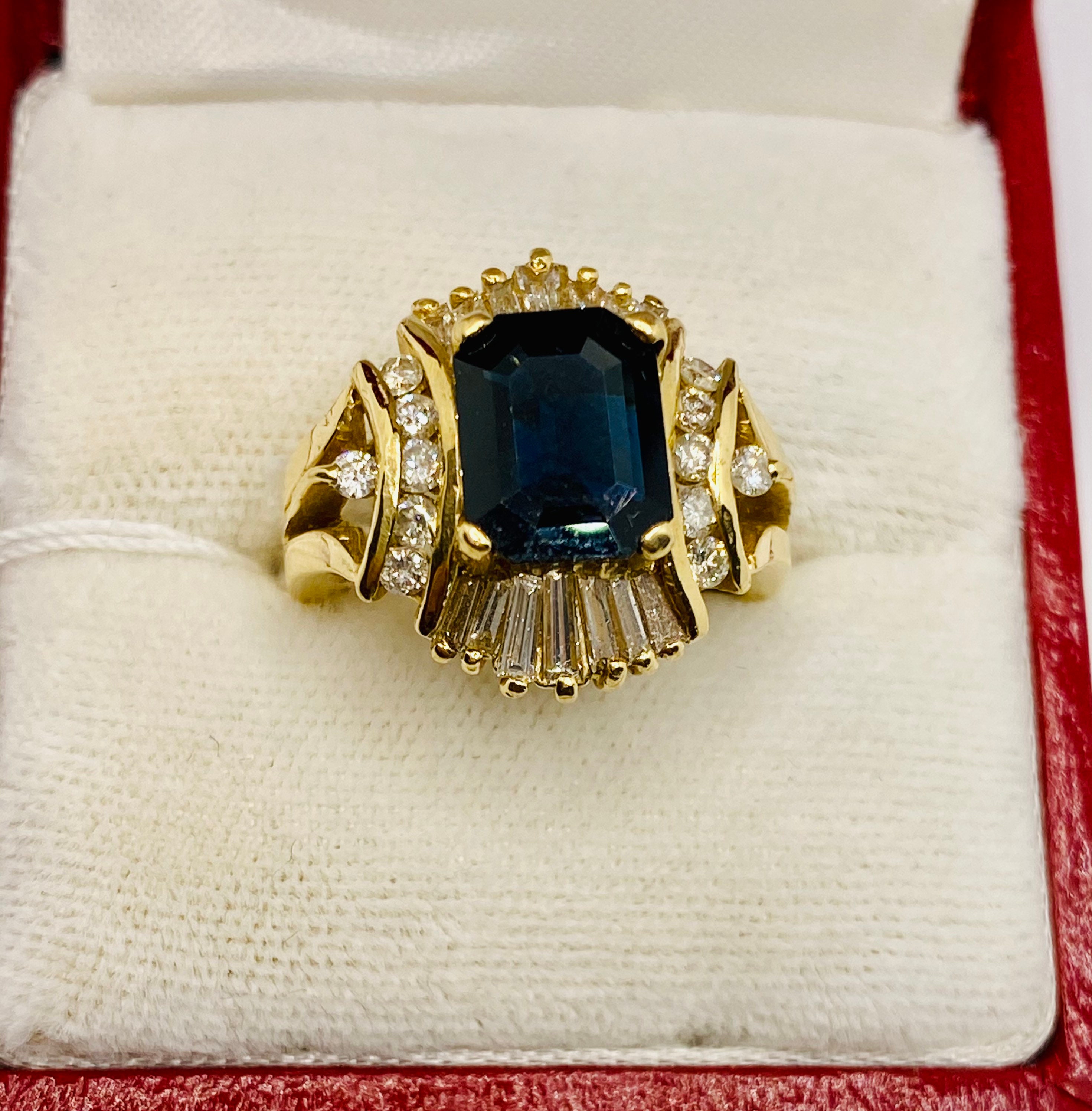 【鑑別書付き】フランス製アンティーク天然サファイア&ダイヤモンド14金リング 見事なヴィンテージ 14K イエロー ゴールド 天然サファイア