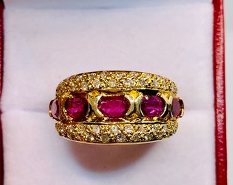 Prachtige vintage 14k geelgouden natuurlijke robijn en diamanten bandring
