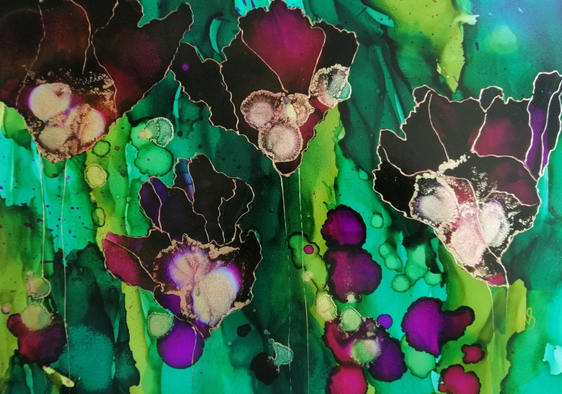Day 274: Twinkling Night of Flowers in Alcohol Ink on Yupo Paper 