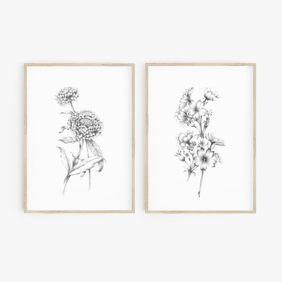 Set Of 2 Botanical Sketch Art Prints Flowers Art Print Black | Etsy