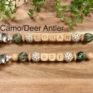 Paci Clip, Wooden, Name, Gender Neutral, Binky, Dummy Clip, Baby Shower Gift, Baby Gifts, Handmade, Pacifier Clip, Personalized, Camo, Deer