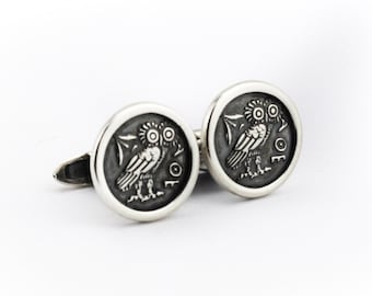Wisdom Owl Cufflinks Ancient Greek Jewelry, Ancient Greek Coin Cufflinks, Antique coin cufflinks, Greek Goddess Athena Symbol, Men's gifts