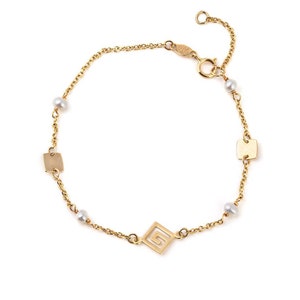 Meander Gold Chain Bracelet, Greek key Bracelet, Ancient Greek Jewelry, Gold Charm Bracelet, Meander Bracelet, Anniversary Gift for Women