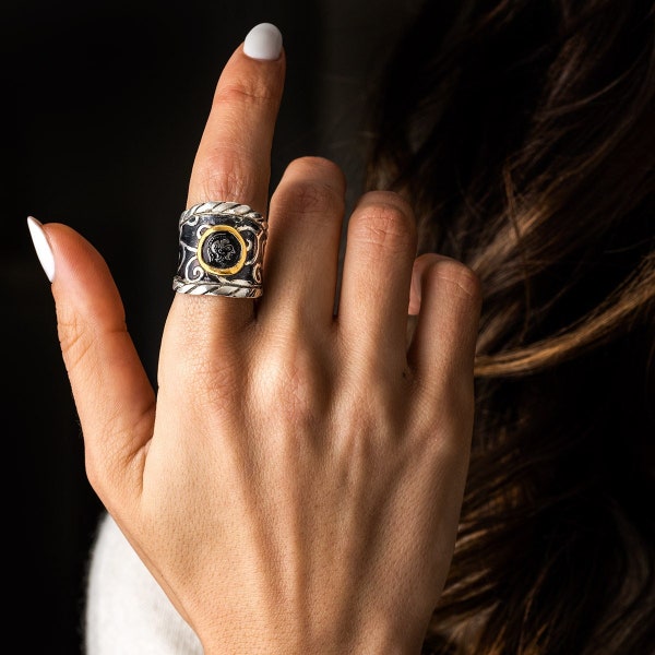 Goddess Athena Coin Ring – Handmade 14K Gold & Sterling Silver Greek Jewelry, Athena Ring, Greek Mythology, Statement Ring, Gift for Her