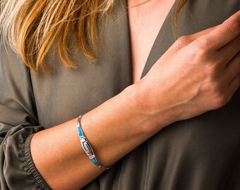 Pulsera de llave griega de ópalo azul – Pulsera de plata de ley con meandro, joyería griega, bisutería griega, regalo para mamá