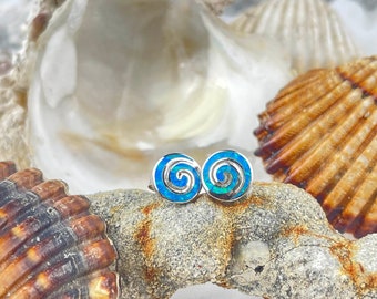 spiral blue opal silver stud earrings, spiral earrings, ancient greek jewelry, opal earrings, greek earrings, spiral studs, ancient, opal