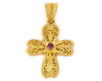 18K Gold Byzantine Filigree Ruby Cross, Byzantine Cross, Greek Orthodox Cross, Greek Jewelry, Gold Pendant Cross, Christmas Gifts for Women